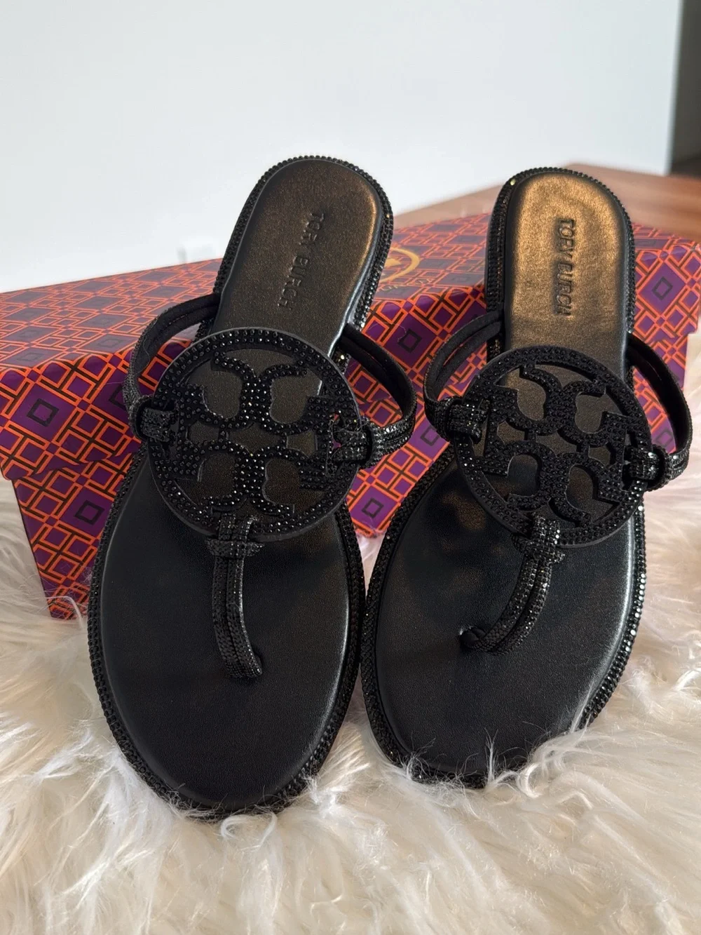 Tory Burch Black Logo Crystal Miller Sandals